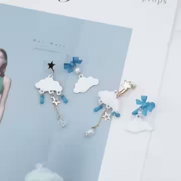 白雲藍雨蝴蝶結×不對稱吊墜耳環