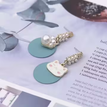 萌貓肉蹼馬卡龍珍珠×不對稱吊墜耳環