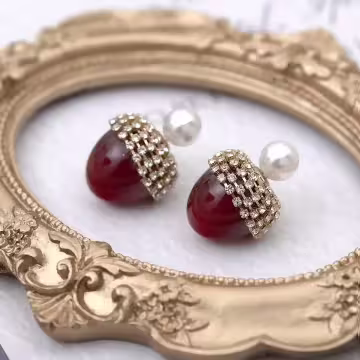 松果滿鑽小珍珠×後掛式吊墜耳環