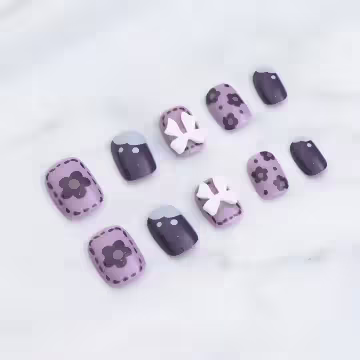 漾紫滿花白蝴蝶結亮面×穿戴式手指甲片×二十四入