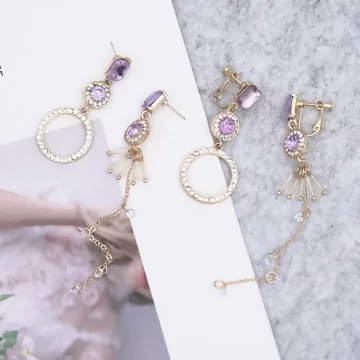 透紫傘晶圓環閃鑽×不對稱螺旋耳夾.avif