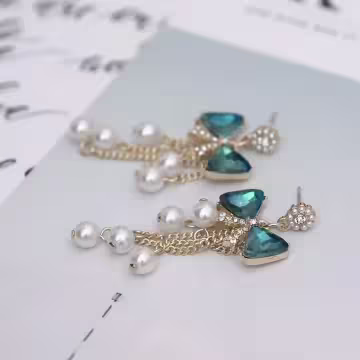 藍晶領結珍珠流蘇簾×吊墜耳環