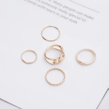粗曠鍊條細圈麻捲×五套件戒指組×金色.avif
