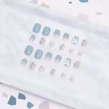 煙藍珍珠領結雲朵亮面×穿戴式手指甲片×二十四入