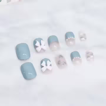 煙藍珍珠領結雲朵亮面×穿戴式手指甲片×二十四入