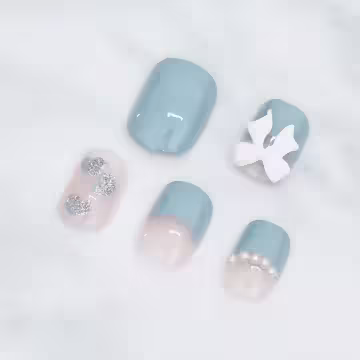 煙藍珍珠領結雲朵亮面×穿戴式手指甲片×二十四入