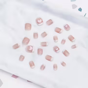 珍珠圍繞愛心粉色亮面×穿戴式手指甲片×二十四入