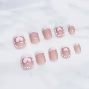 珍珠圍繞愛心粉色亮面×穿戴式手指甲片×二十四入
