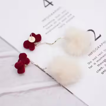 植絨蝴蝶結曲線毛球×吊墜耳環