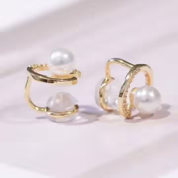 金色圓型珍珠閃鑽×U型耳夾