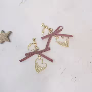 絲帶蝴蝶結愛心小珍珠×螺旋耳夾×共二色