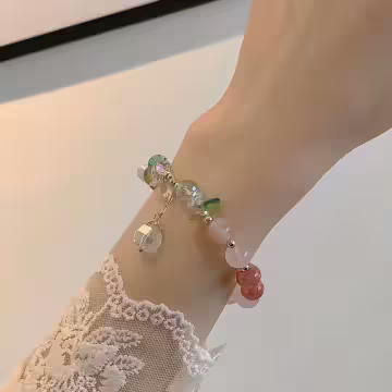紅莓粉晶綠葉×固定式串珠手鍊