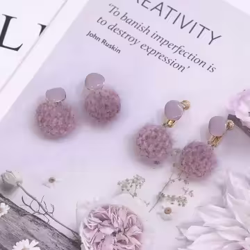 粉紫毛毛球×吊墜耳環