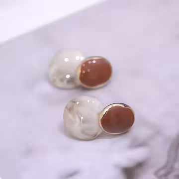 咖色雙橢圓大理石紋×吊墜耳環