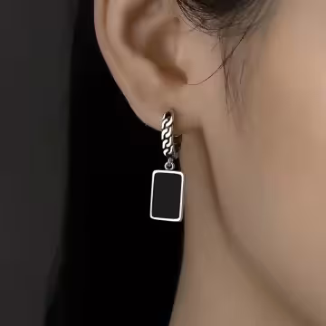 黑長方鍊條字母×吊墜耳扣
