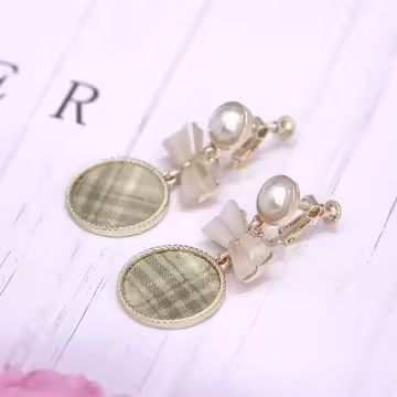 白綠格圓環領結×螺旋耳夾