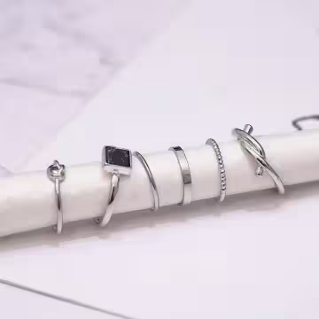 銀方塊大理石紋扭轉×六套件戒指組