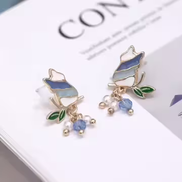 藍白漸層枝葉小貓咪×吊墜耳環