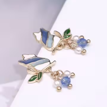 藍白漸層枝葉小貓咪×吊墜耳環