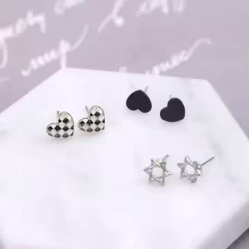 黑白格子愛心星星×三套件耳環組