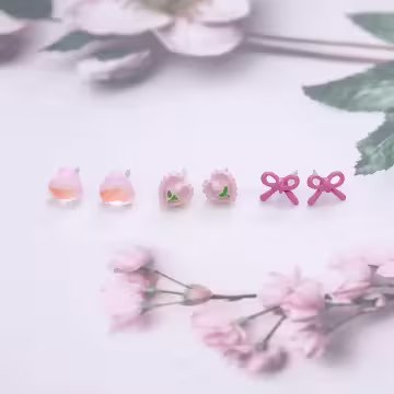 蝴蝶結小花愛心×三套件耳環組×粉紅