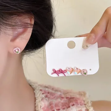 蝴蝶結小花愛心×三套件耳環組×粉紅.avif