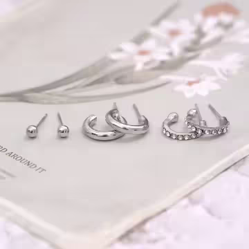 銀色C字圓珠×三套件耳環組