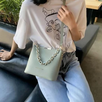 時尚鍊條桶包×斜背包×綠色.avif