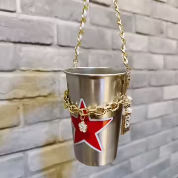 銀色山茶花香水瓶珍珠×飲料杯繩×黑色提把