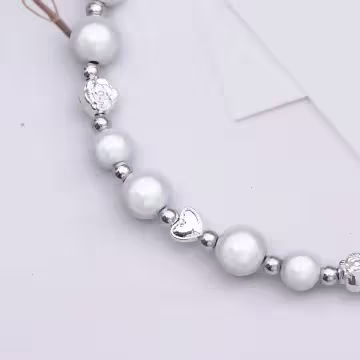 銀色蝴蝶結珍珠小花×手機腕帶掛繩