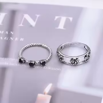 玫瑰黑晶串珠×五套件戒指組×銀色