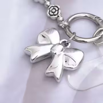 銀色玫瑰花蝴蝶結×手機腕帶掛繩