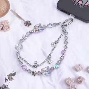 彩蝶水晶串珠×手機腕帶掛繩×紫色