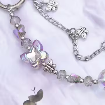 彩蝶水晶串珠×手機腕帶掛繩×紫色