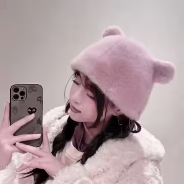 毛絨小熊×毛帽×粉紅