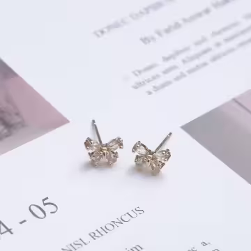 粉晶花朵領結晶鑽×三套件耳環組