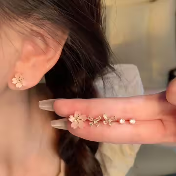 粉晶花朵領結晶鑽×三套件耳環組