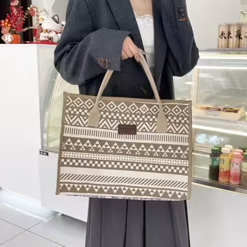 民族風線條圖騰印花×手提袋×卡其色