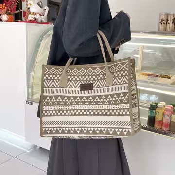 民族風線條圖騰印花×手提袋×卡其色