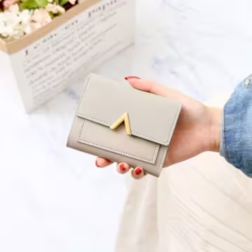 金屬V字磨砂麂皮×三折短皮夾×灰色