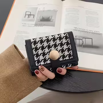 千鳥紋布面皮革×三折短皮夾×黑色