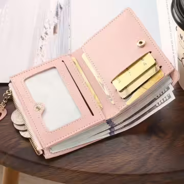 撞色拼接皮革×對折拉鍊短皮夾×黑色