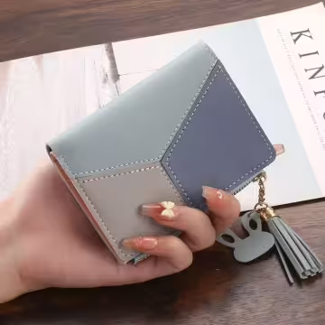 撞色拼接皮革×對折拉鍊短皮夾×藍色
