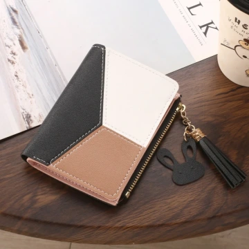 撞色拼接皮革×對折拉鍊短皮夾×粉紅.avif