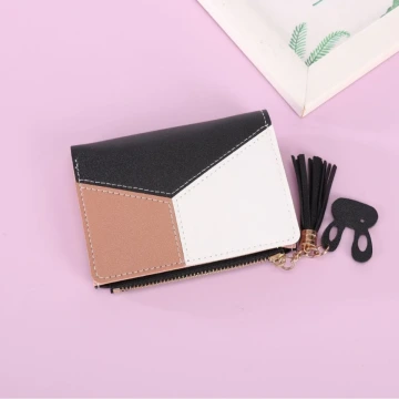 撞色拼接皮革×對折拉鍊短皮夾×粉紅.avif