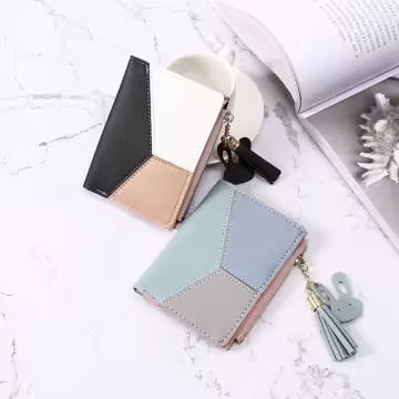 撞色拼接皮革×對折拉鍊短皮夾×黑色