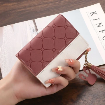 菱紋壓線×對折拉鍊短皮夾×粉紅.avif