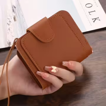 簡約皮革×翻頁三層短皮夾×棕咖