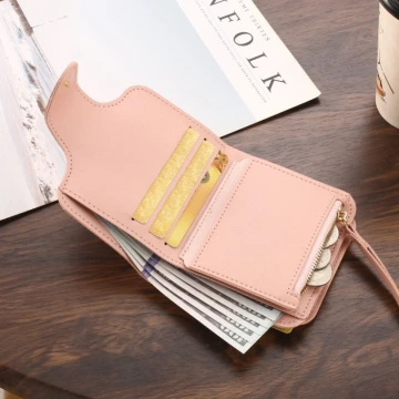 簡約皮革×翻頁三層短皮夾×粉紅.avif