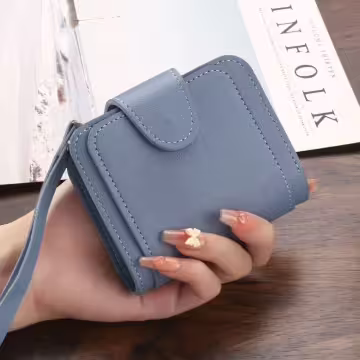 簡約皮革×翻頁三層短皮夾×藍色